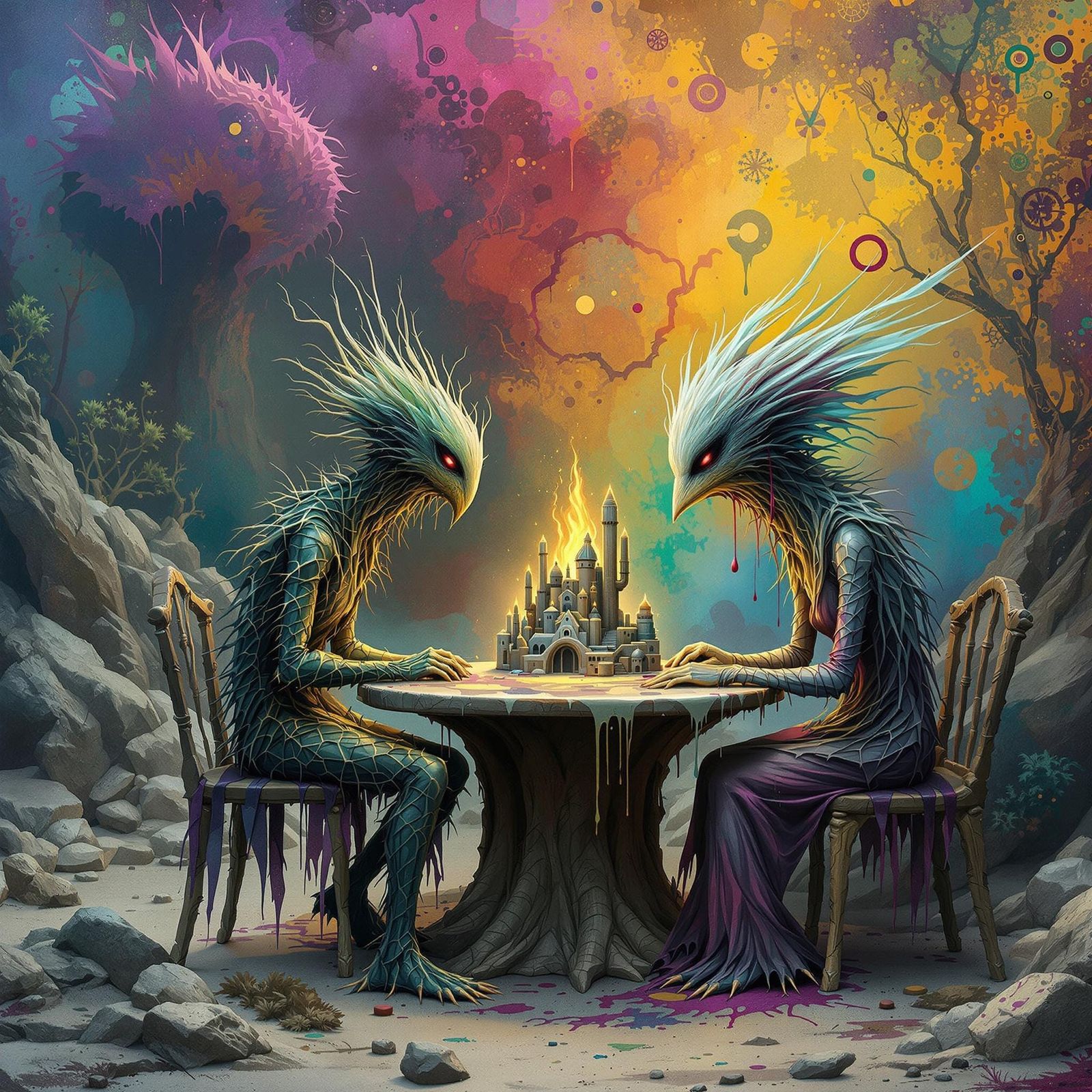 Eldritch Cactus and Crone at Table, Zentanglepunk Style