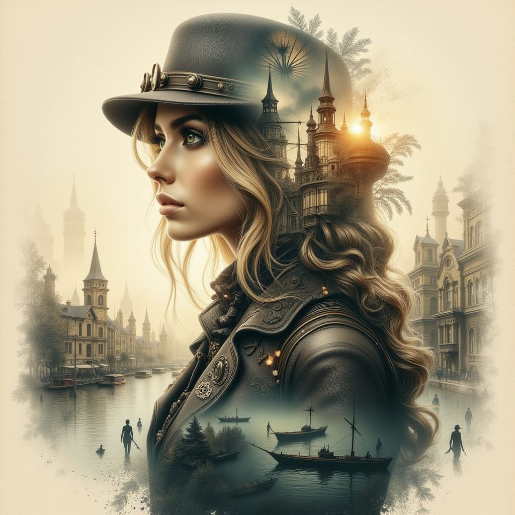 Steampunk Double Exposure Girl in Watercolor Pencils