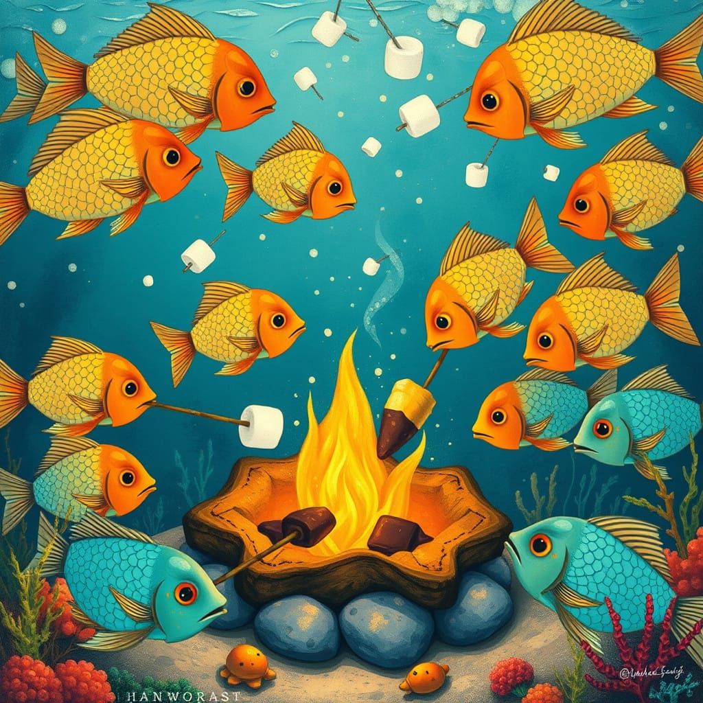 Vibrant Fish Gather Around a Golden Fire Pit Cooking S'mores...