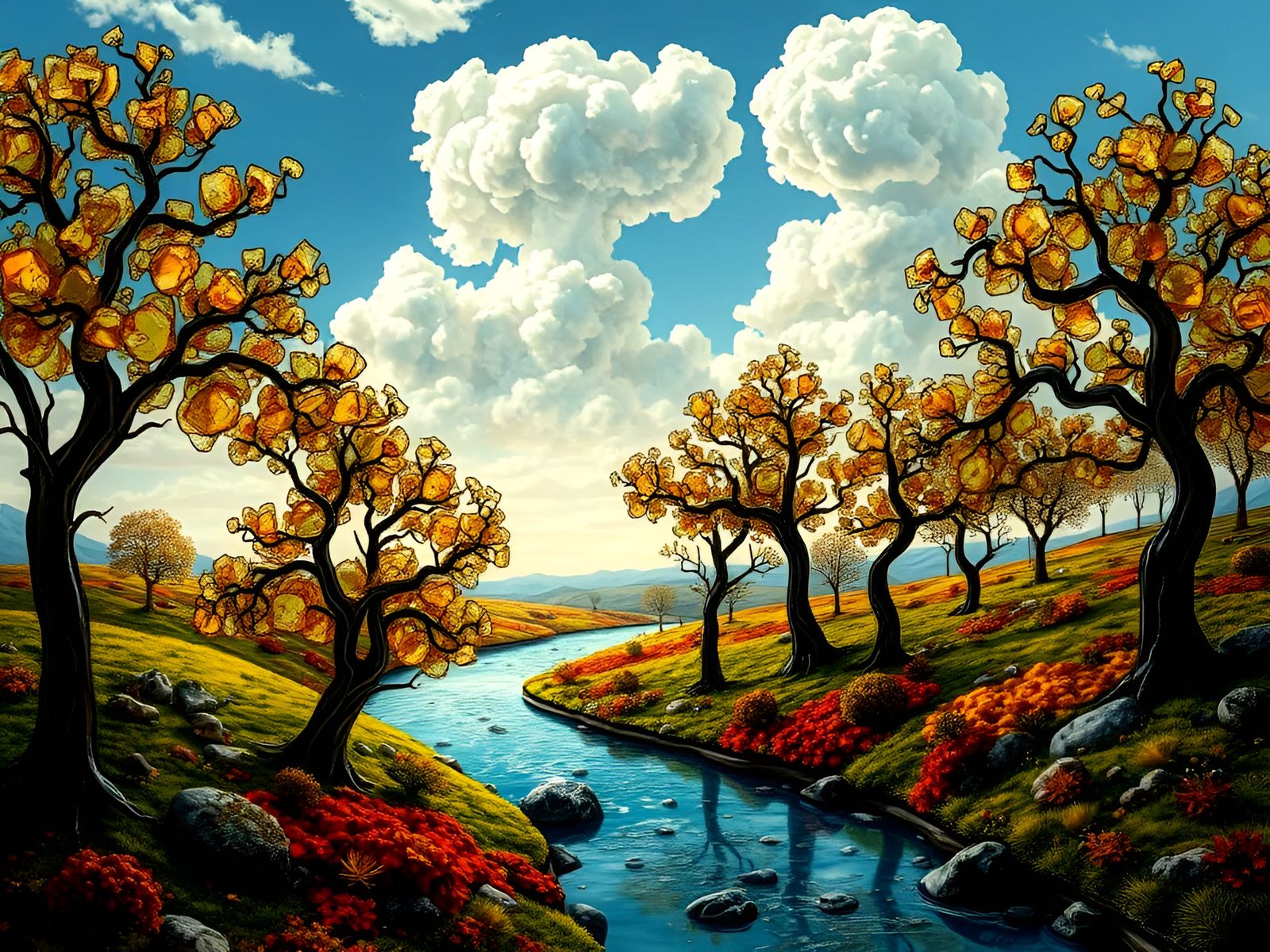 A surreal landscape, where the leaves of trees are made of wafer-thin crystal, and shimmer like fragments of stained gla...