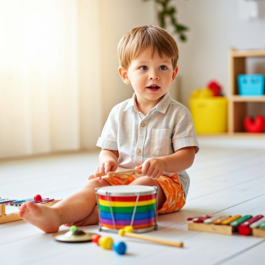 Boy's Joyful Drumming on Rainbow Miriam Drum