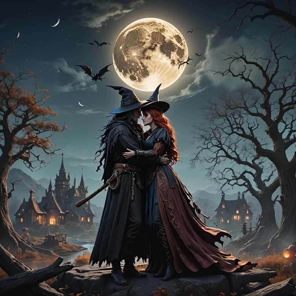 Witch Couple Embrace Under Full Moon