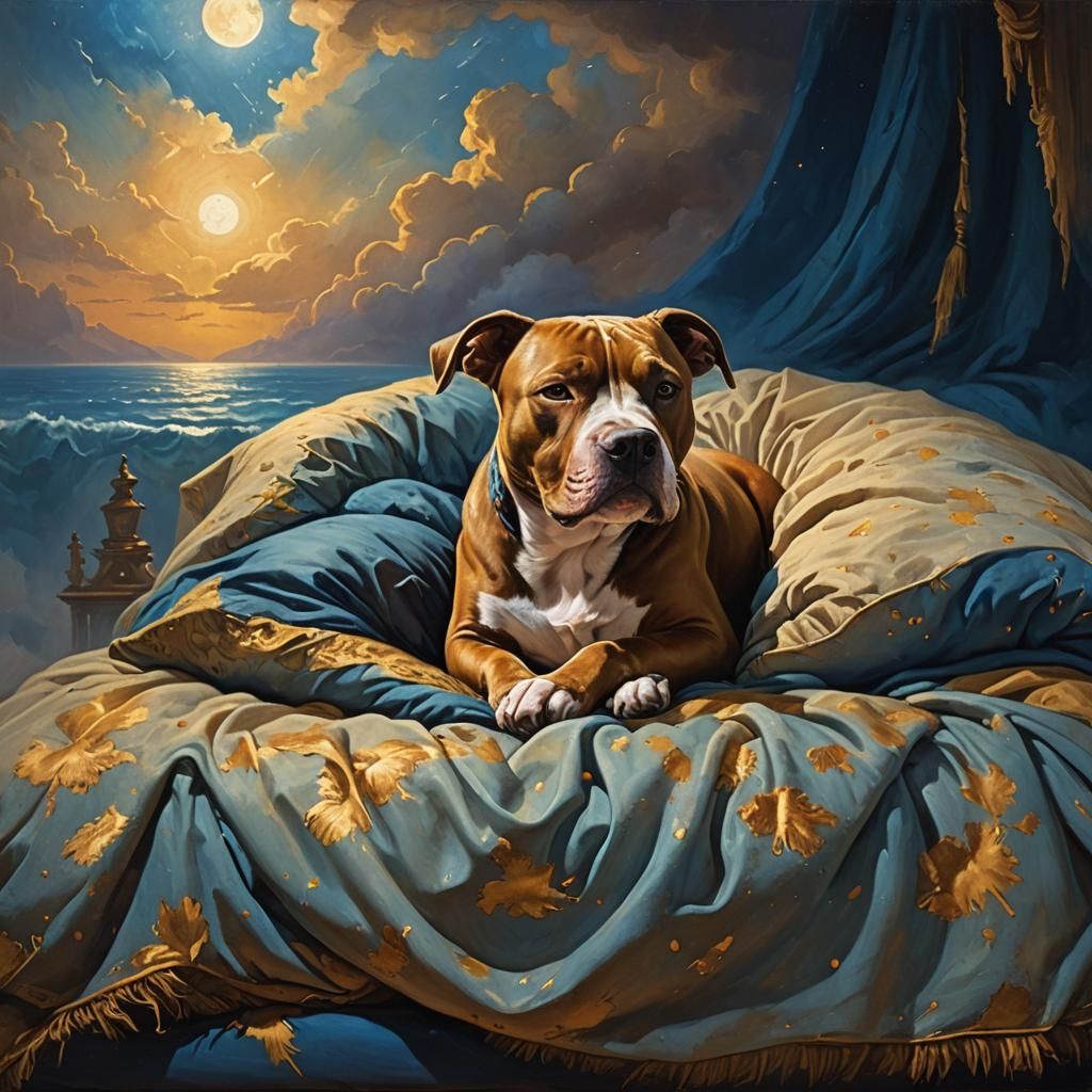 Beautiful pitbull dog sleeping in a sumptuous bed.