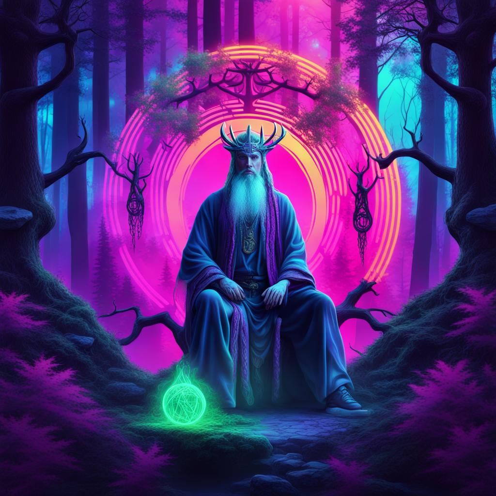 Neon Pagan Druid in Synthwave Forest: Digital Art