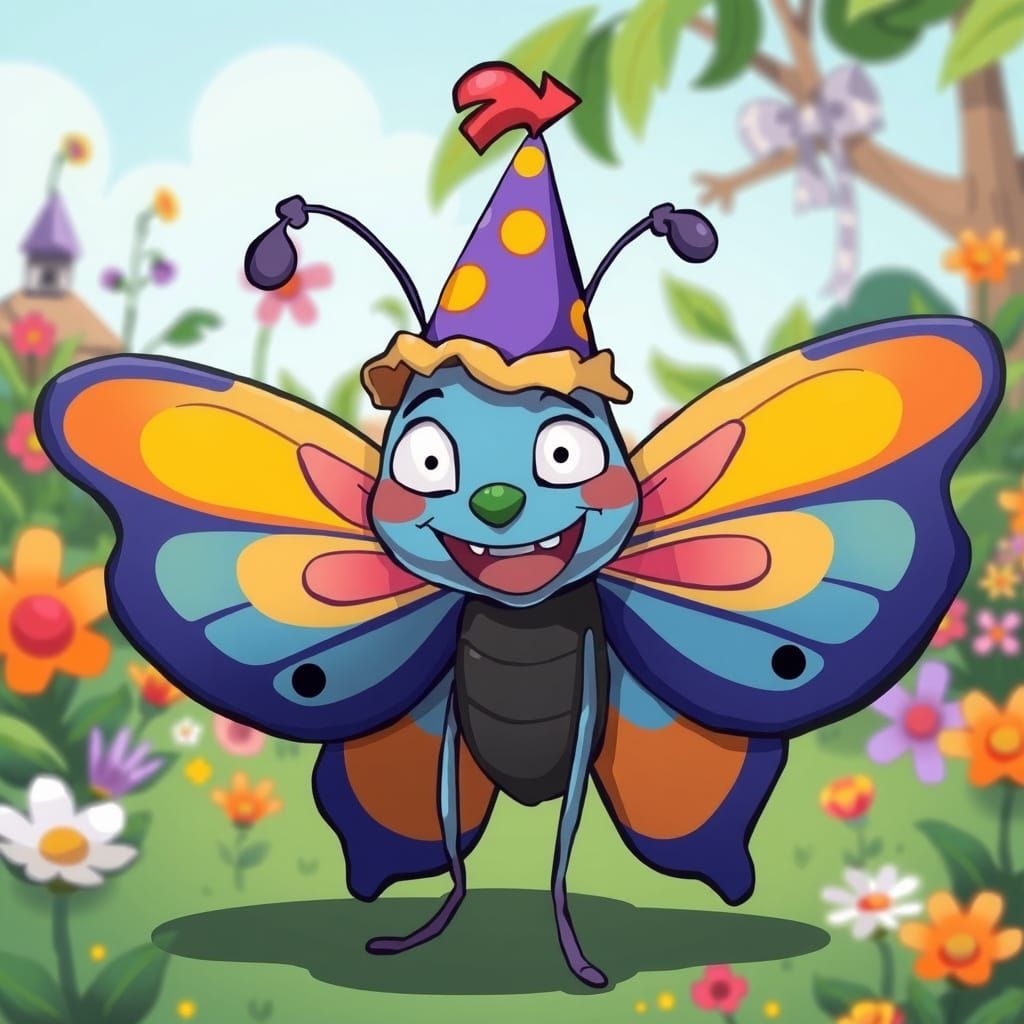 Colorful Butterfly in Whimsical Garden, Cartoon Style
