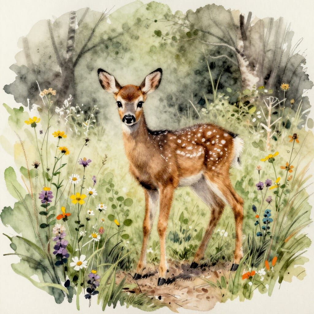Adorable Fawn on Wildflower Path in Watercolour Expressionis...