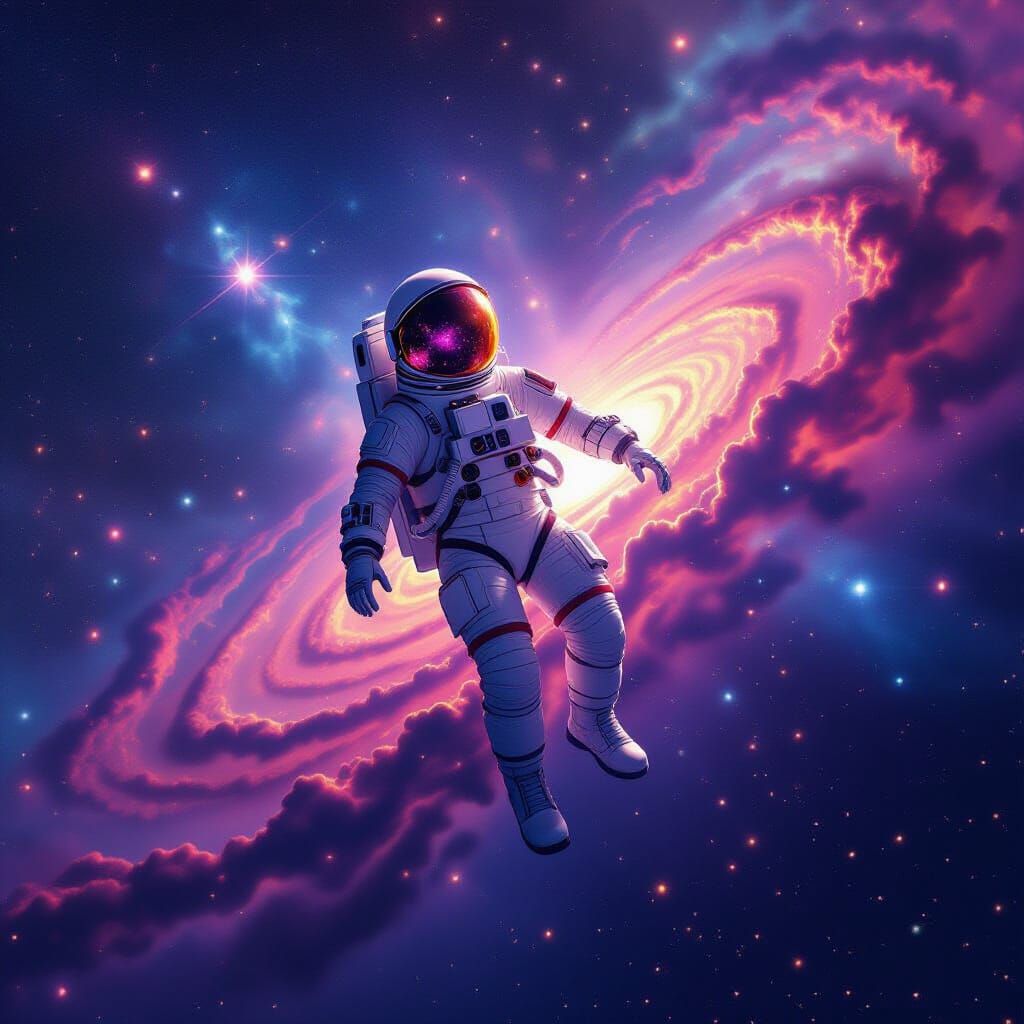 Astronaut in Pink Glitter Suit Before Galaxy Nebula