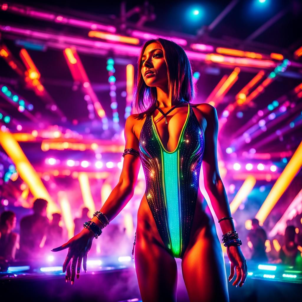 Neon Rave Girl Dancing at Light Show