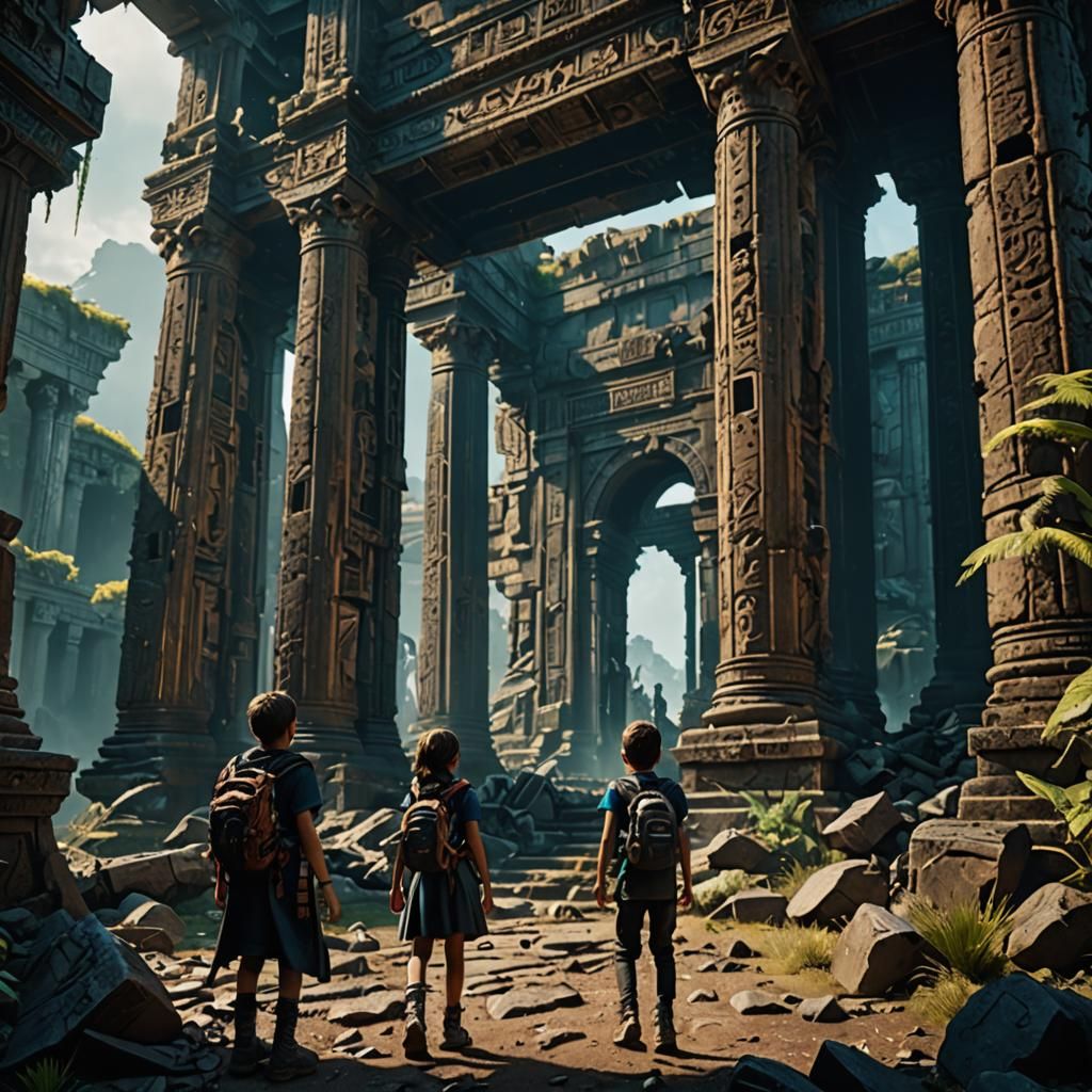 Children Explore Ruined Temple in Detailed Digital Painting