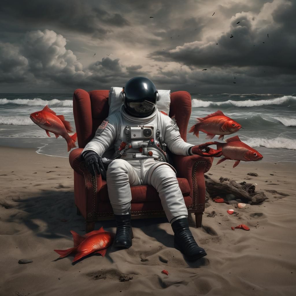 Surreal Astronaut on Beach as Oil Painting