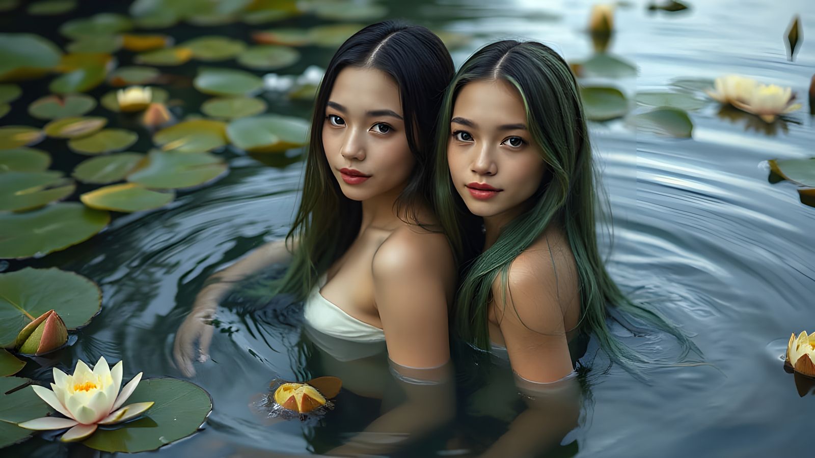 Beautiful Girls with Green Hair in Water