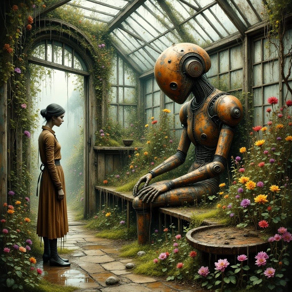 Robot in Overgrown Greenhouse with Contemplative Figure