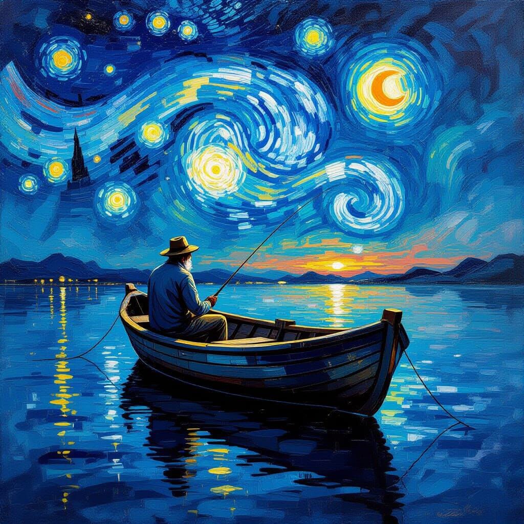 Cosmic Fisherman in Celestial Ocean Oil Painting