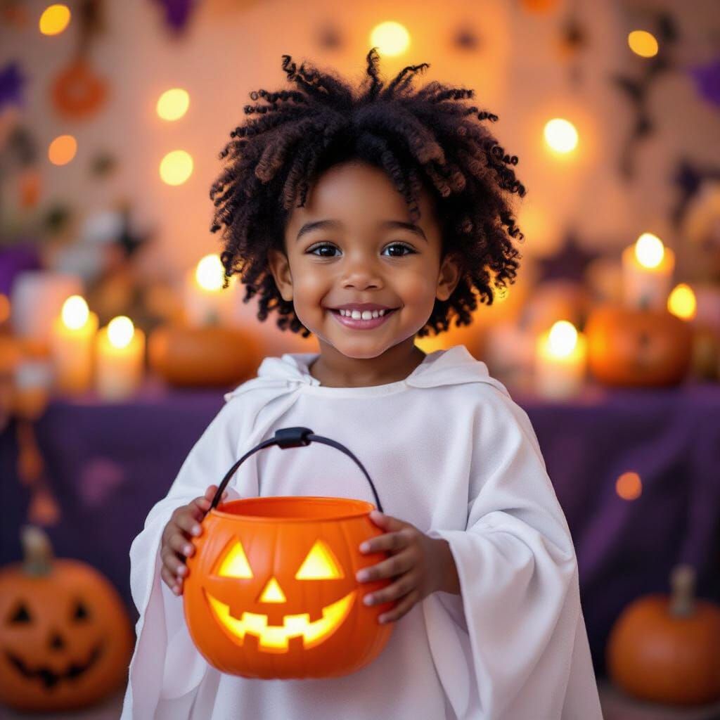 Joyful Black Boy as Ghost at Halloween Birthday Party
