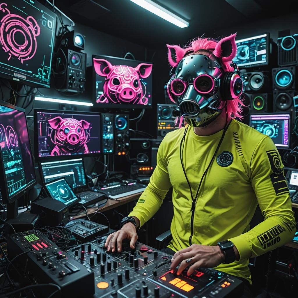 Virtual DJ Pig Mask Livestream in Cyberpunk Style