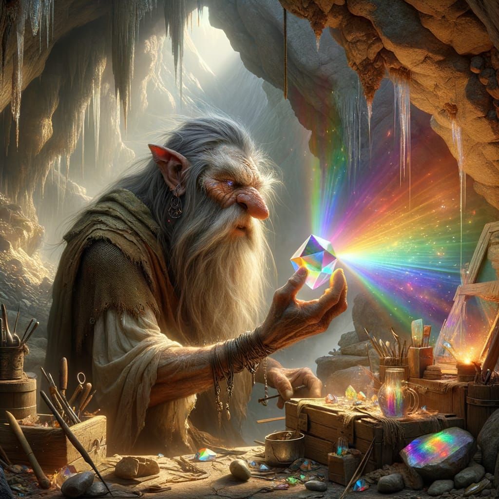 Troll Artisan Crafts Crystal Prism in Mountain Cave