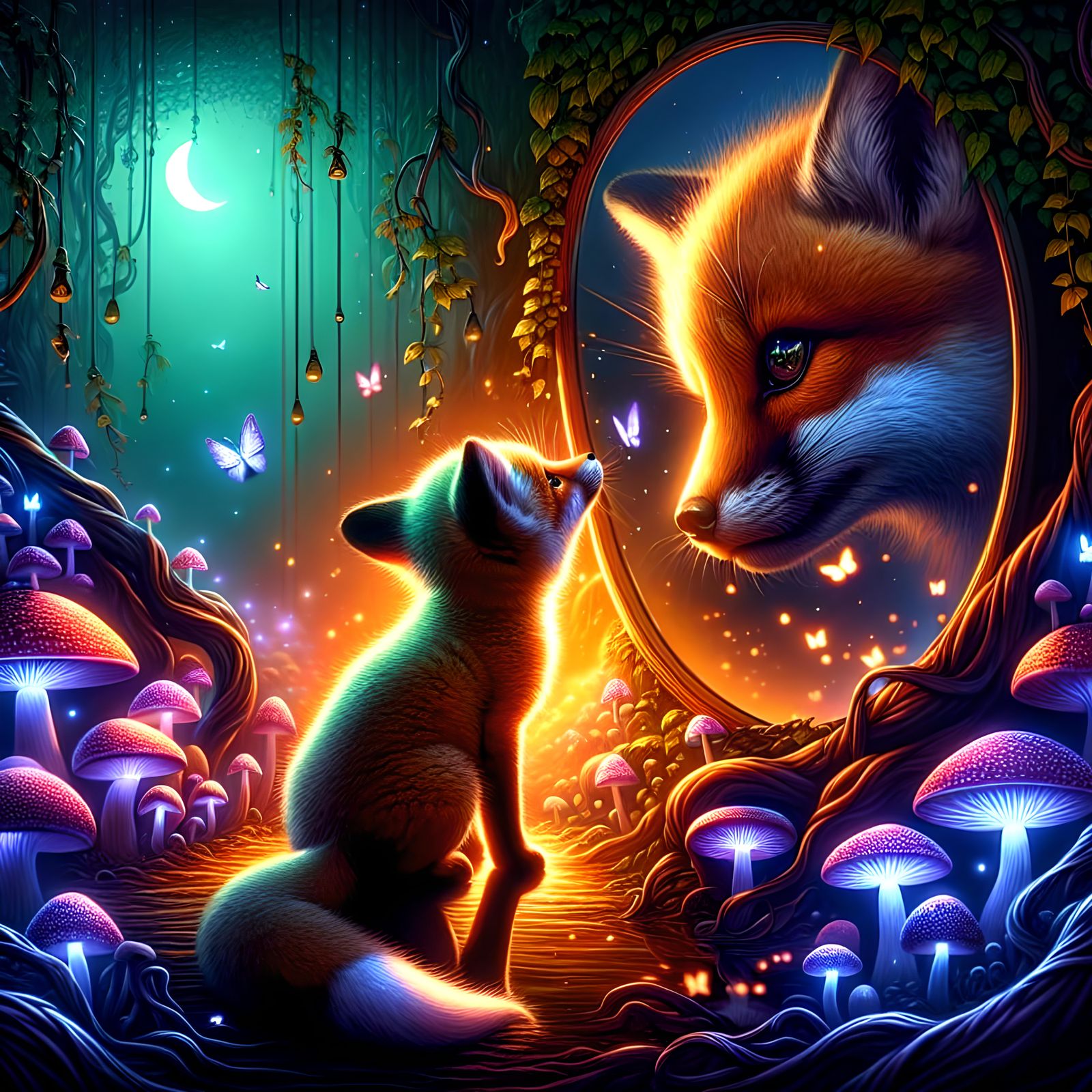 Mystical Fox Cub's Reflection in Enchanted Forest