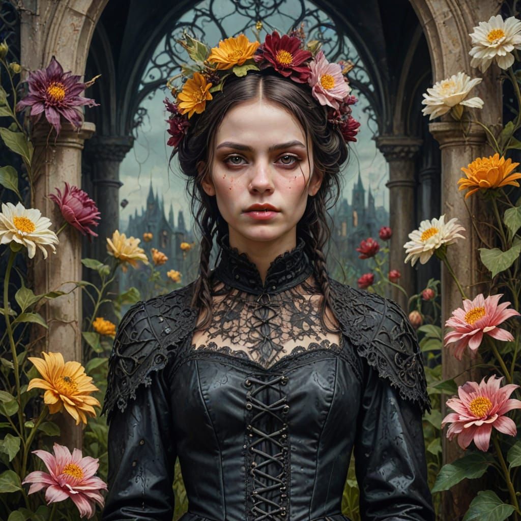 Surrealist Oil Painting of Gothic Woman Amidst Fantastical F...