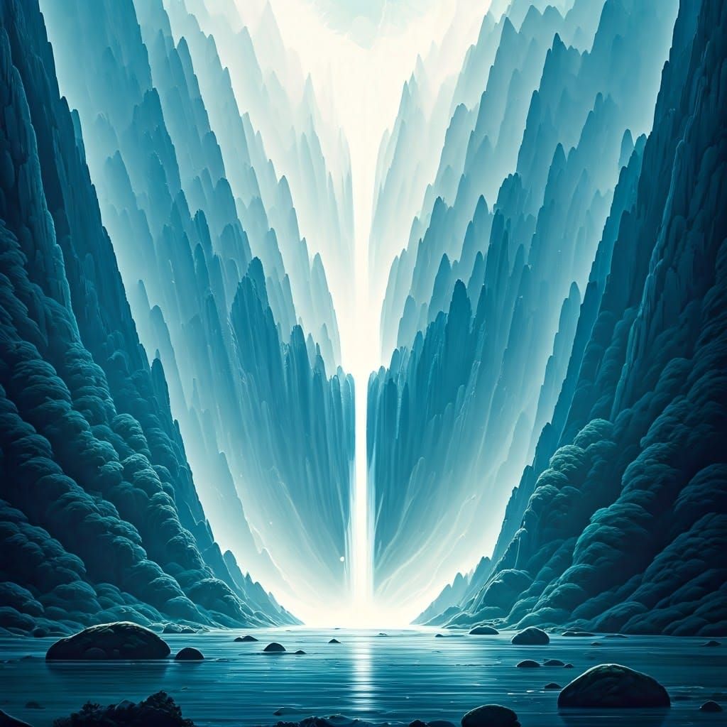 Ethereal Blue and White Landscape, Watercolor and Paint Drip...