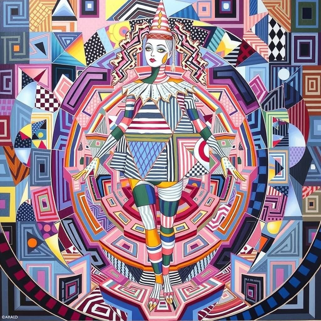 Harlequin Figure in Hypnotic Geometric Maze