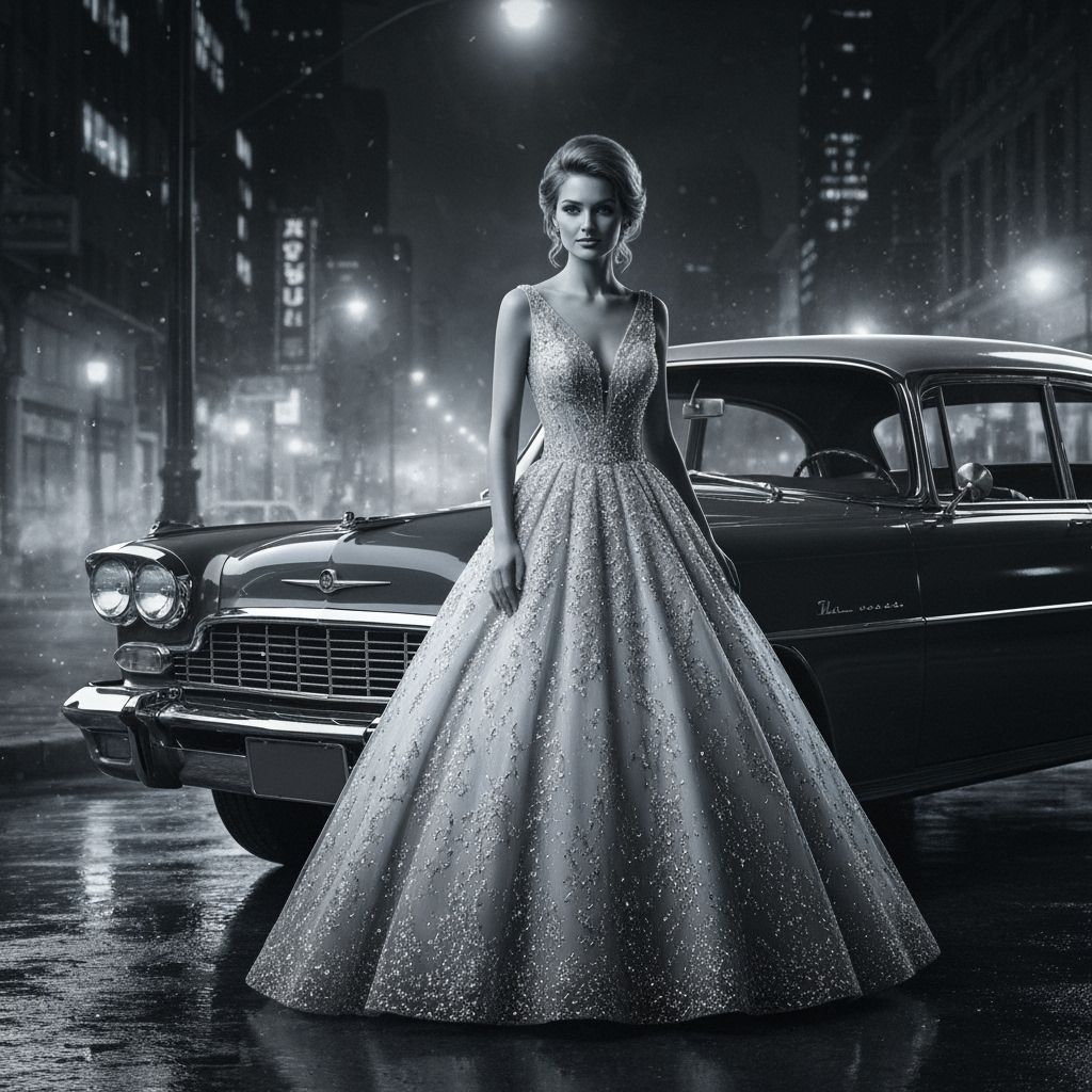 Glamorous Woman and Classic Car in Moody Film Style