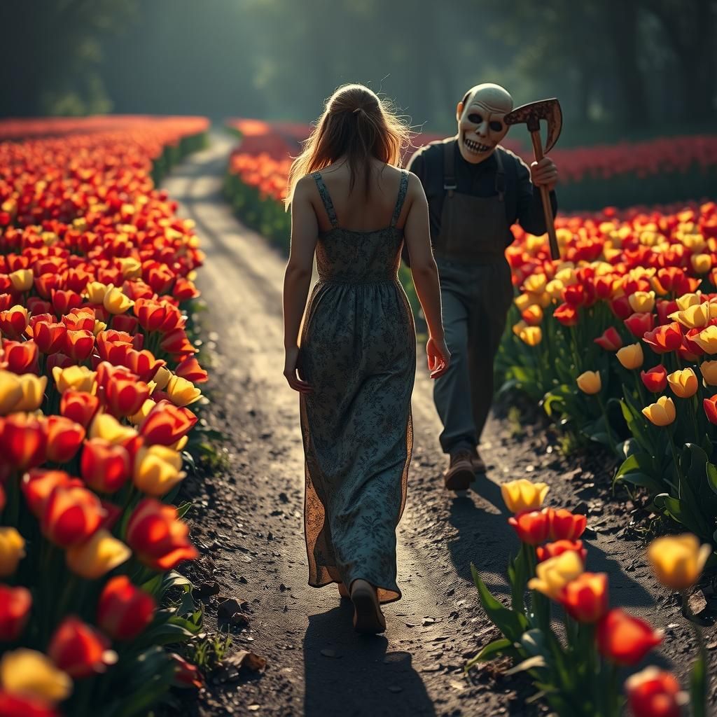 Ominous Pursuit in a Tulip Field, Surreal Art