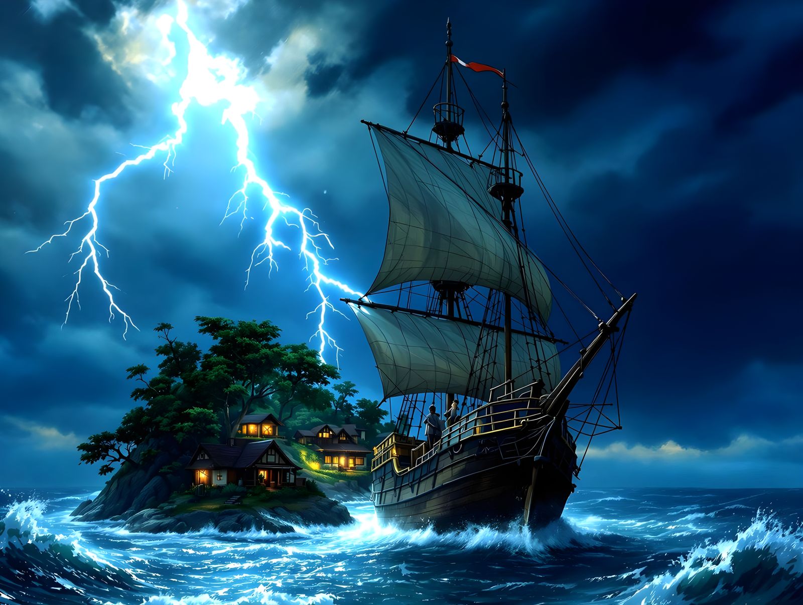 The tall ship sails through the stormy waters