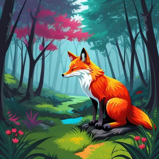 Fox in Bright Fantasy Forest Vector Art