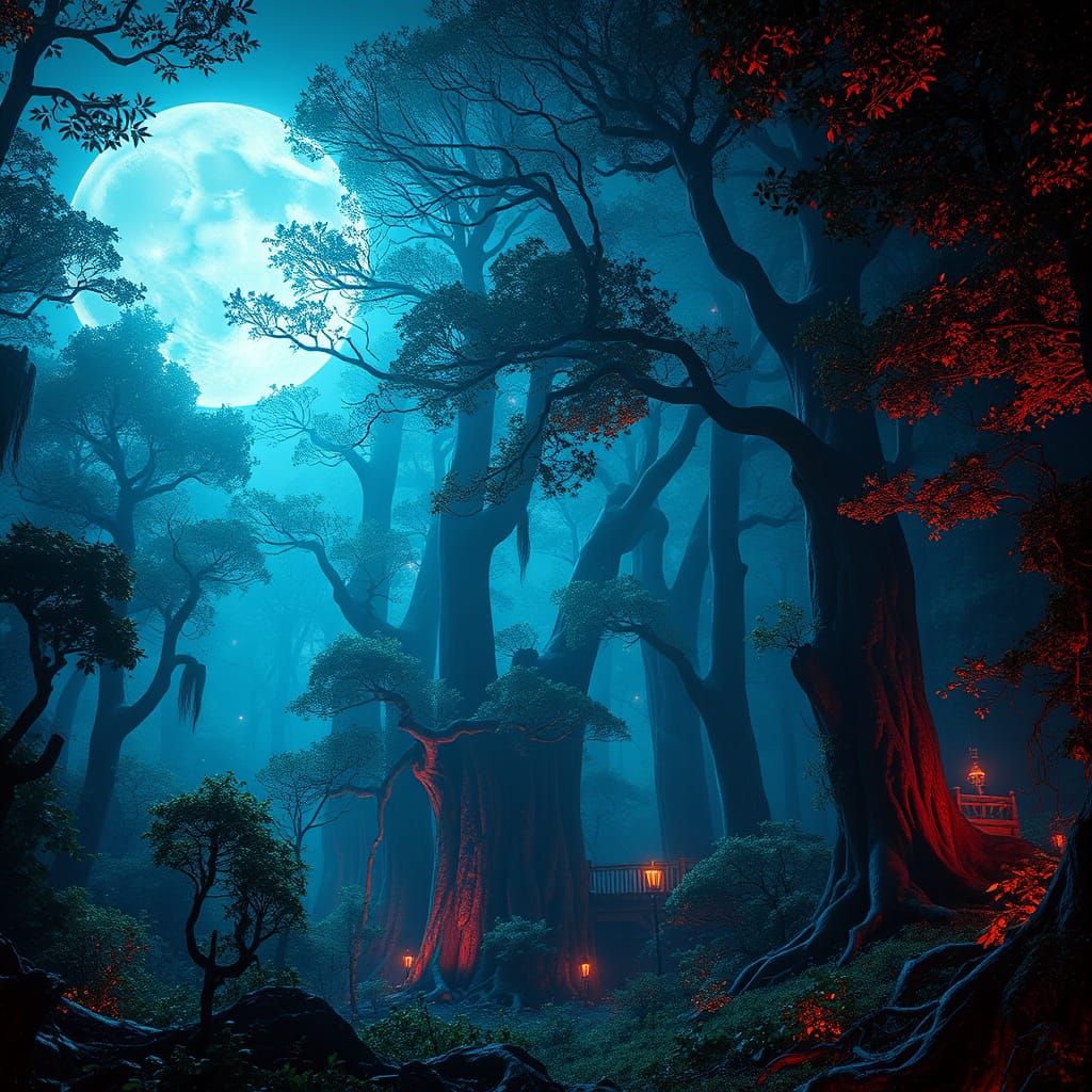 Cyberpunk Enchanted Forest in Ethereal Moonlight