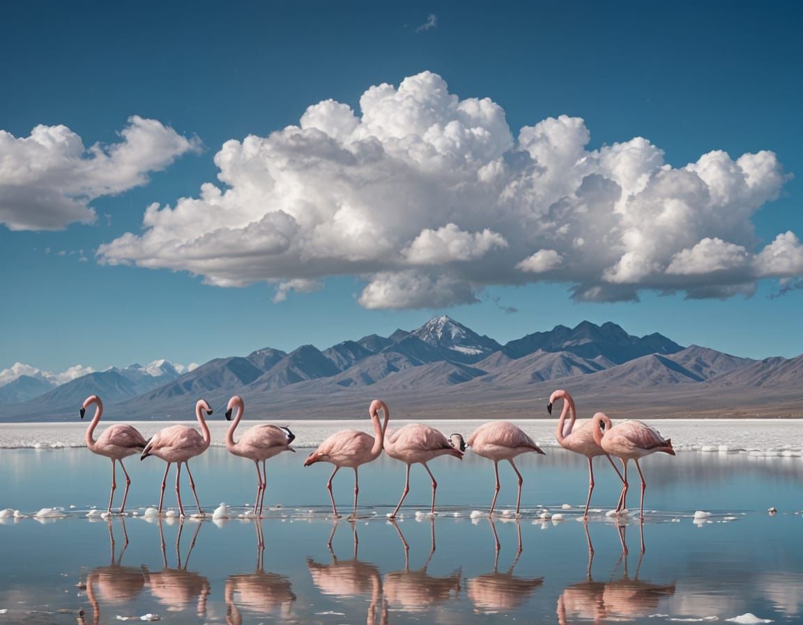 Pink Flamingos Amidst Uynui's Serene Salt Flats Landscape