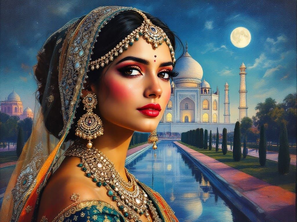 Indian Bride Portrait with Taj Mahal, Gouache Style