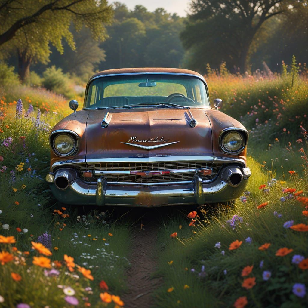 Abandoned 1957 Chevy Bel Air in a Vibrant Field of Wildflowe...