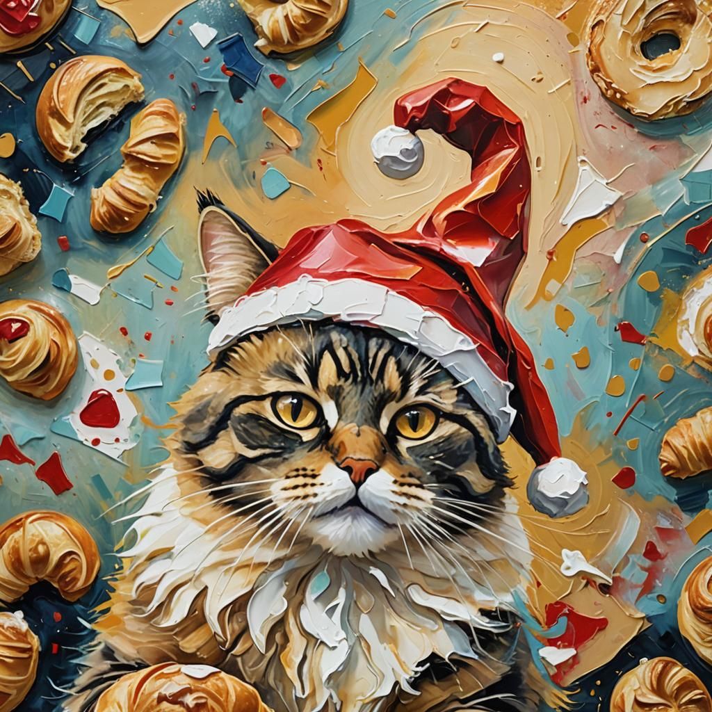Cat in Santa Hat: Abstract Expressionist Painting