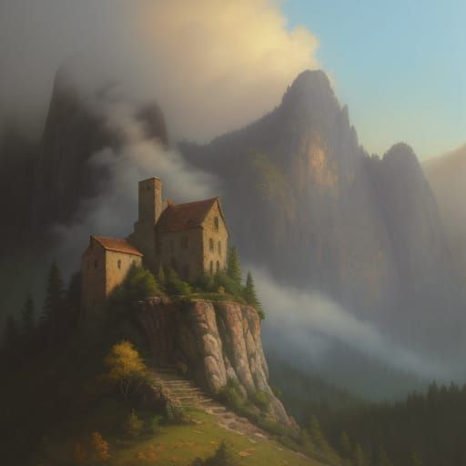 Impressionist Mountain Ruin in Warm Light