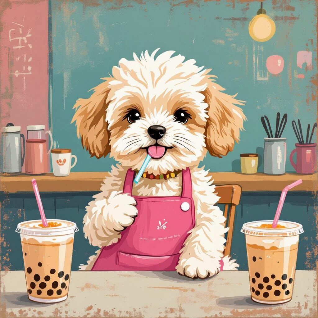 Maltipoo Puppy at Café, Playful Pastel Art