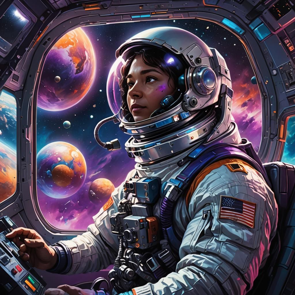 Astronaut Commands Spaceship Amidst Planets in Sci-Fi Art
