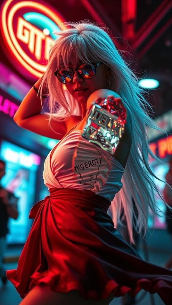 Cybergoth Dancer in Urban Neon Landscape
