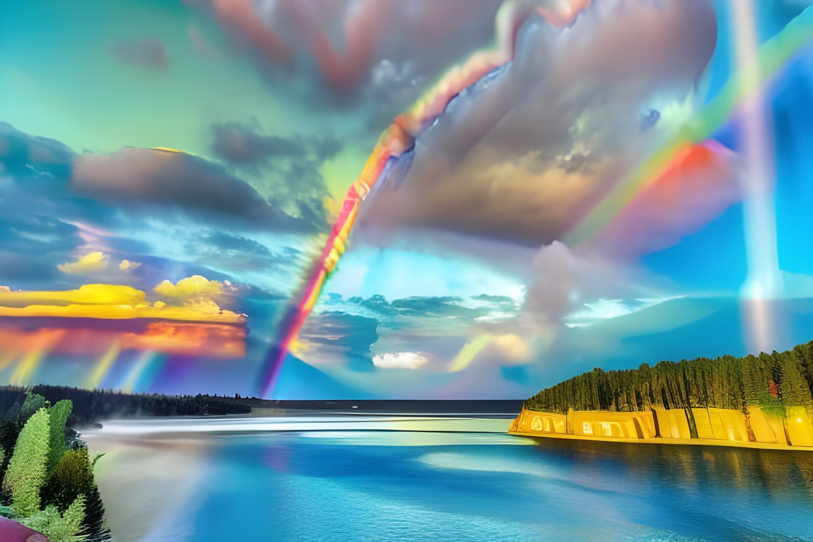 Rainbow Sunbeam Landscape in Hyperrealistic Digital Art