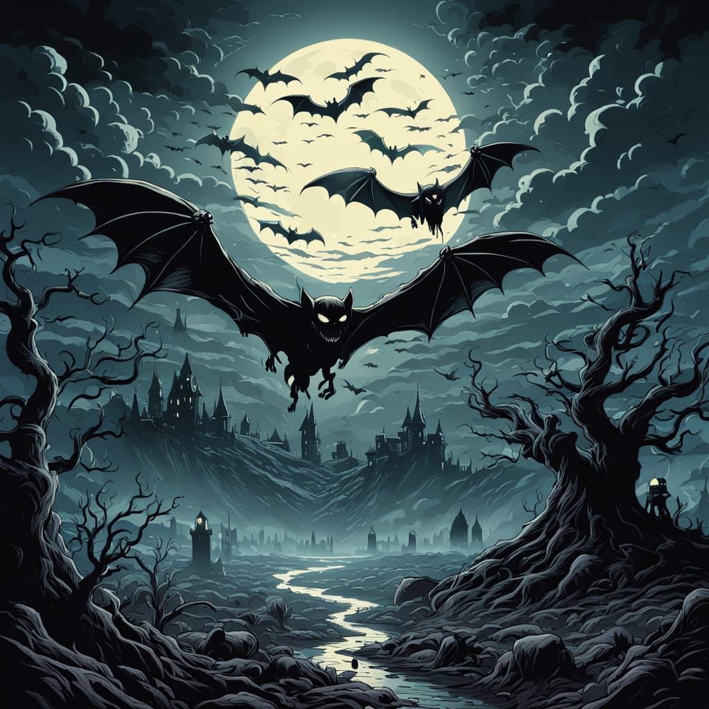 Haunted Hearts and Bats in Desolate Landscape