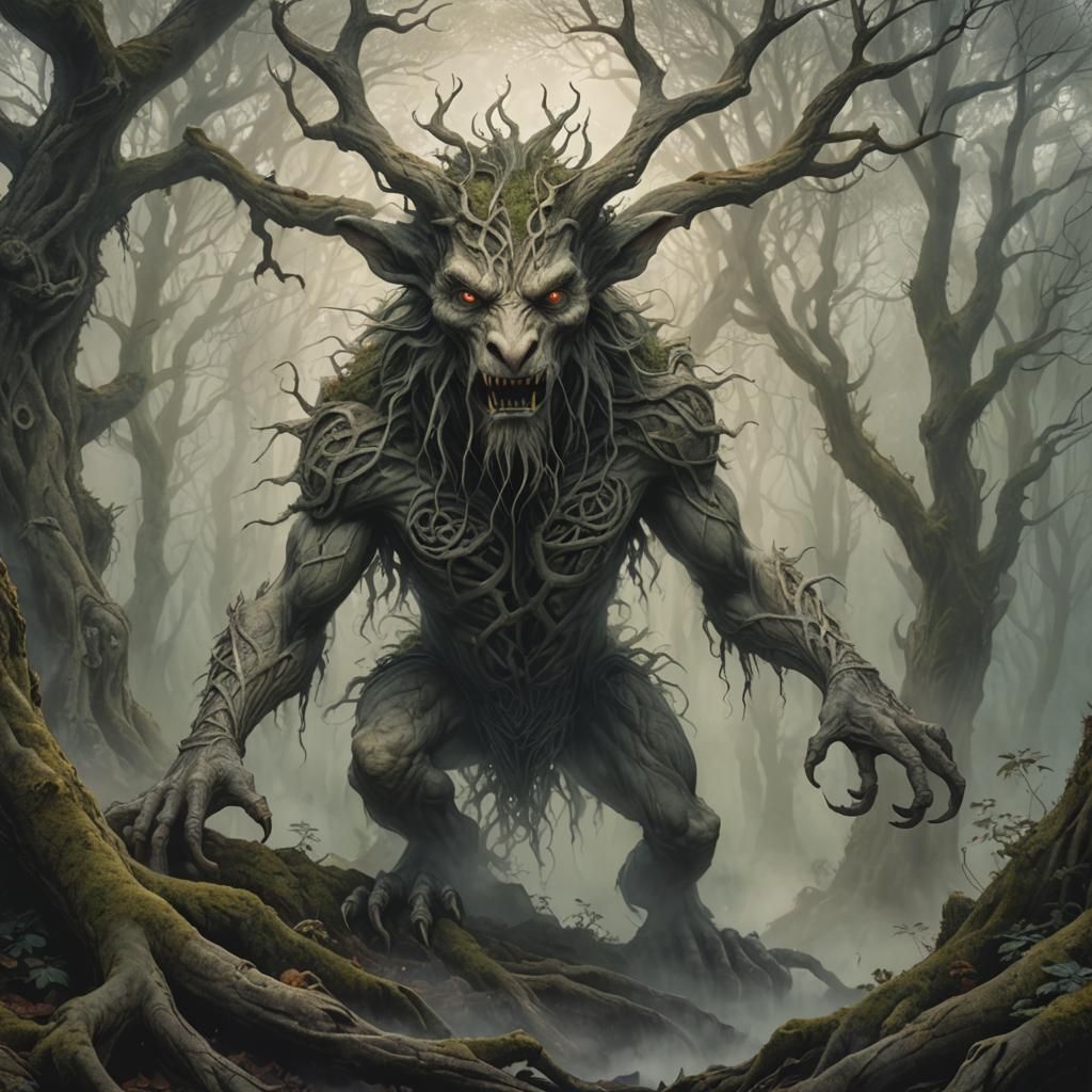 Celtic Monster Roams Misty Forest: Fantasy Concept Art