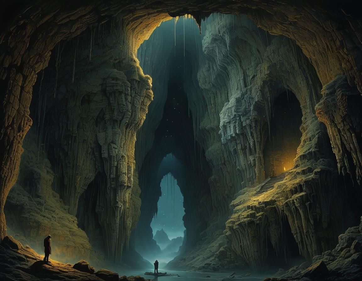 Ethereal Stalactite Cave Awaits Eternity in Cyberpunk Aesthe...
