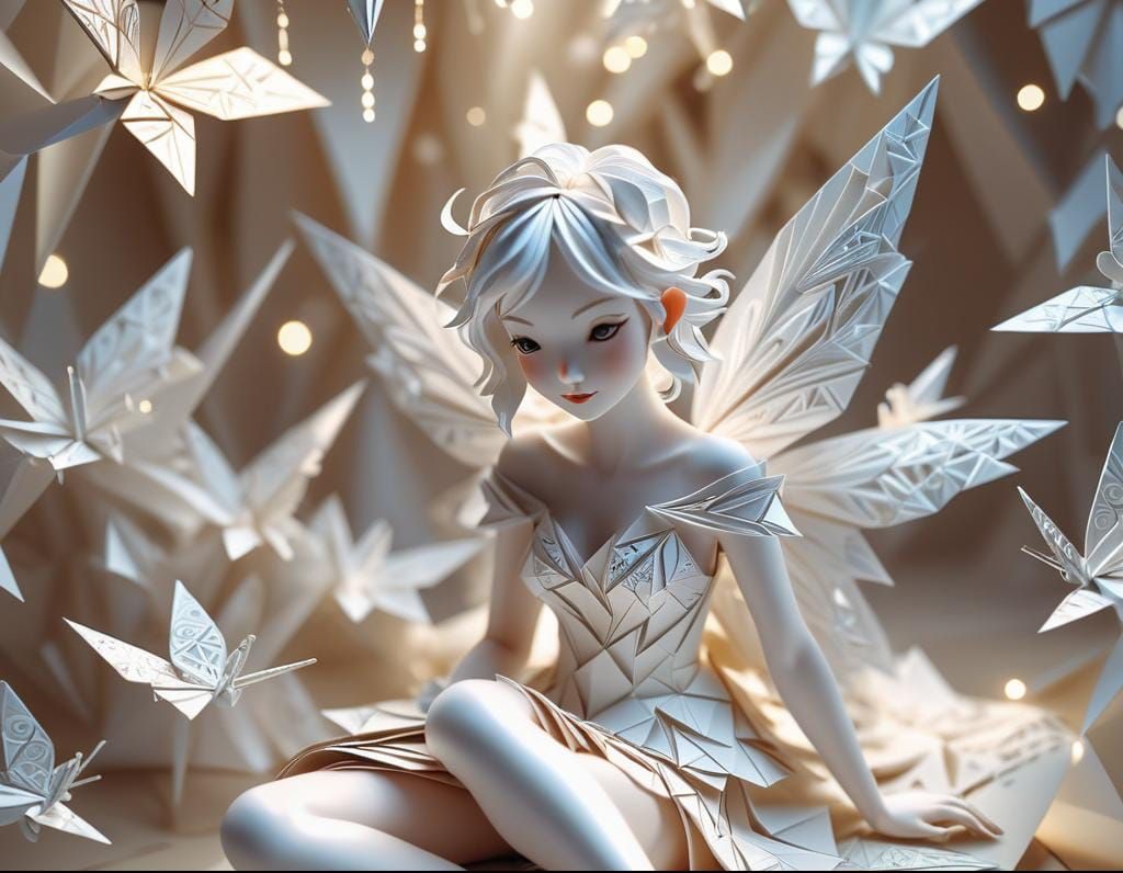 Hyperrealistic Origami Fairy with Sparkling Aura