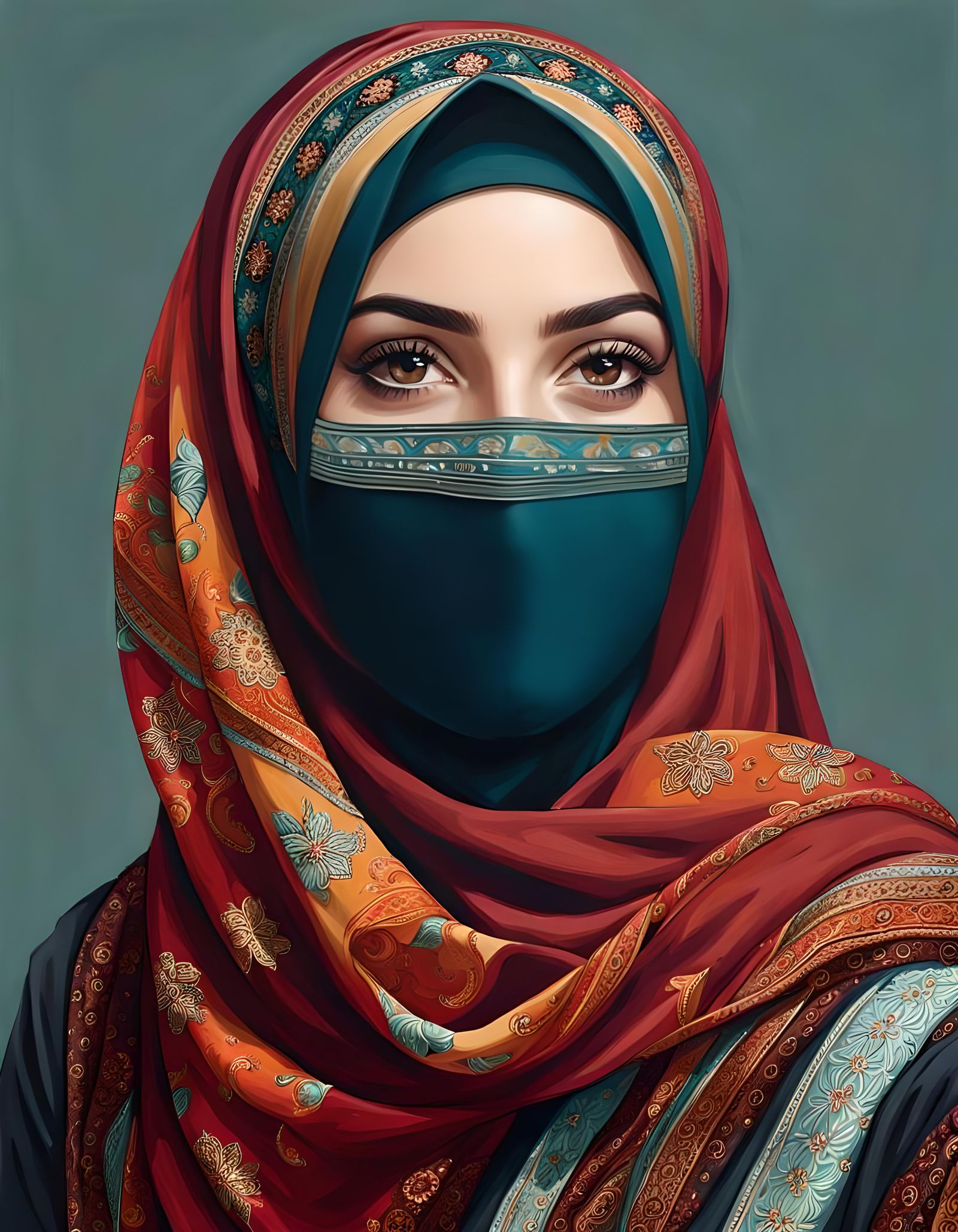 Beautiful Hijabi Woman Portrait in Detailed Painting