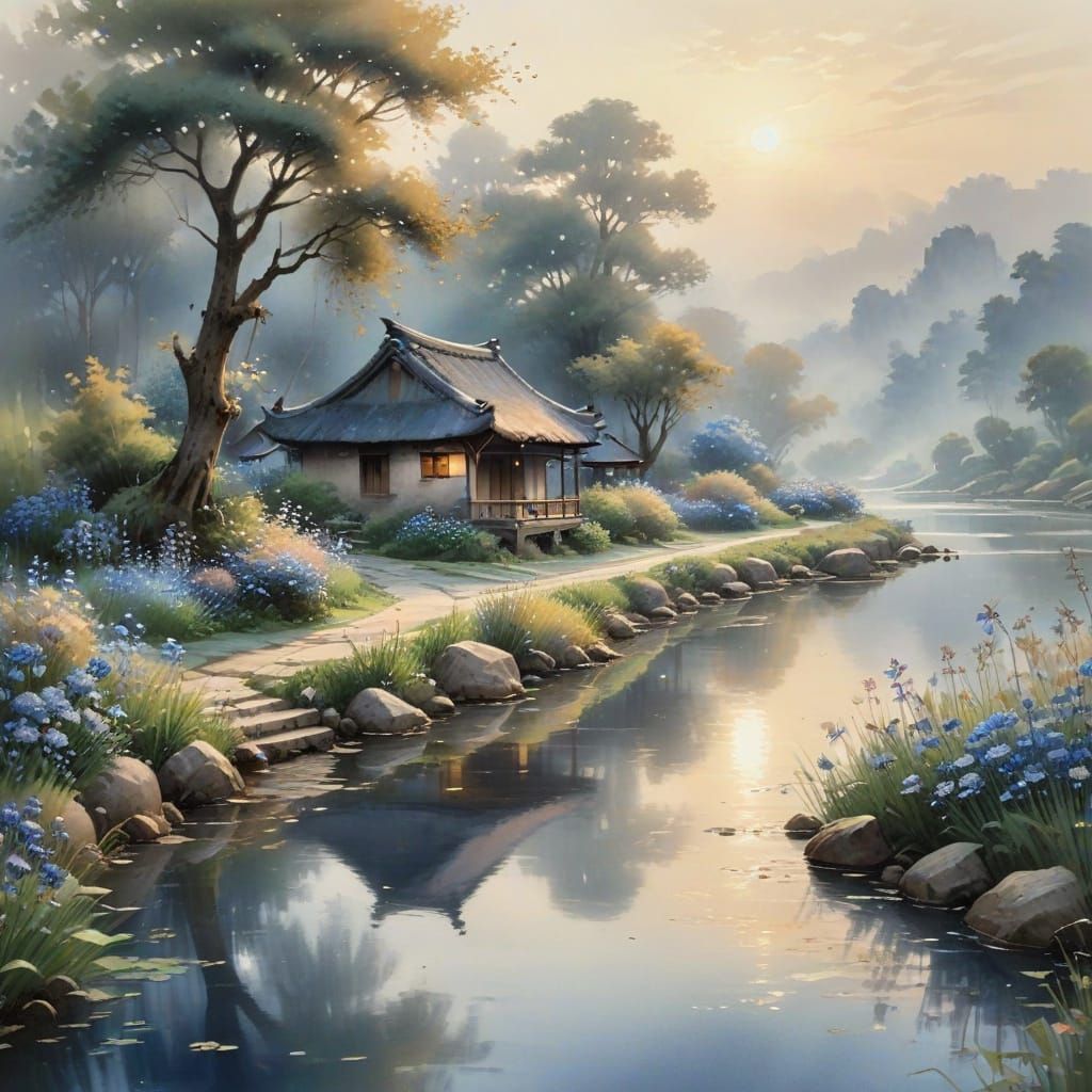 Dreamy Chinese-Inspired Ink Wash Landscape