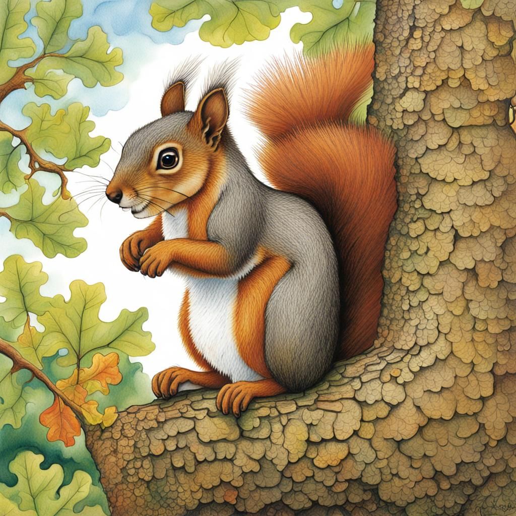 Squirrel on Oak Tree, Children's Illustration