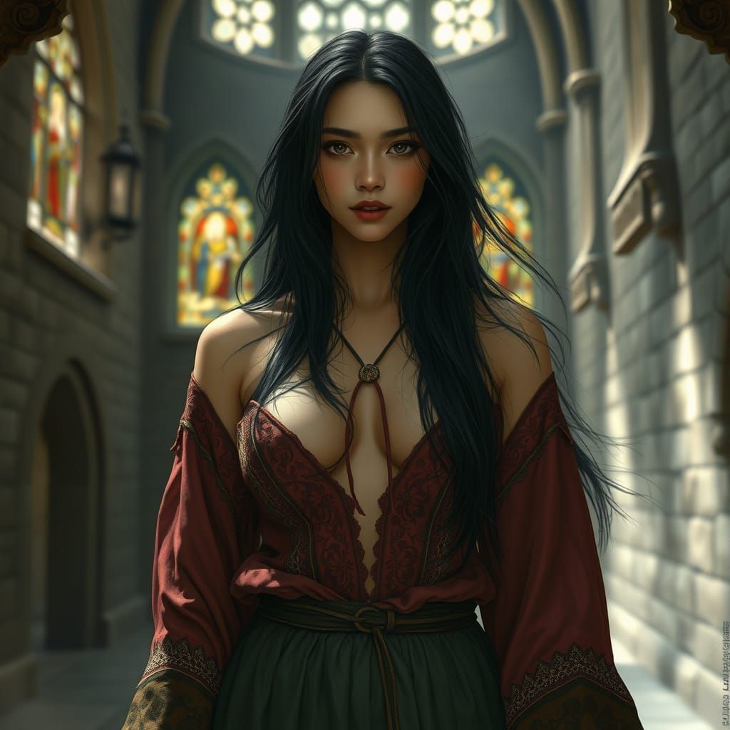 Medieval Woman in Church, Fantasy Illustration