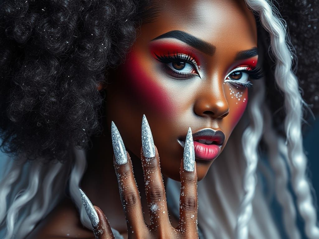 Glamorous Dark-Skinned Goddess with Iridescent Hair and Make...