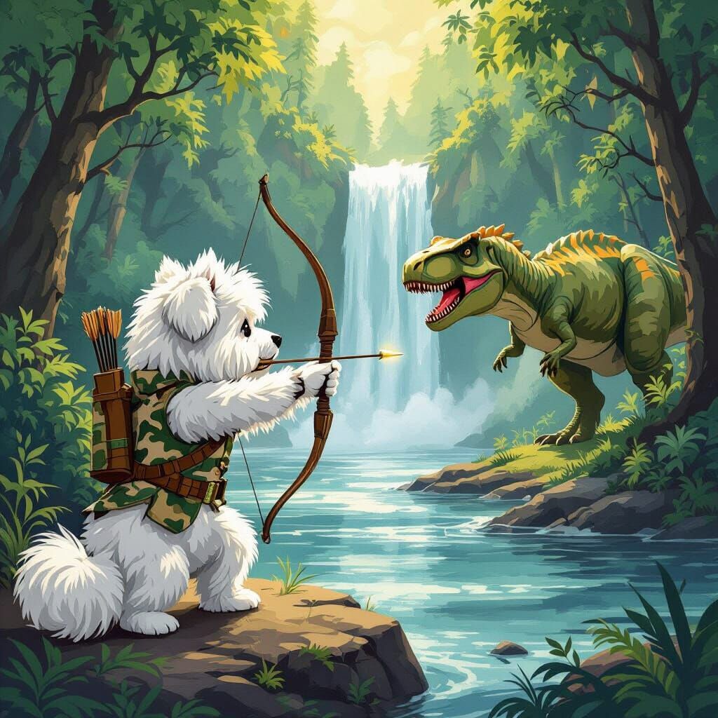 Fluffy Dog Aiming Bow at Dinosaur in Art Deco Style