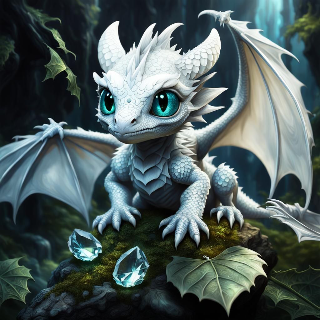 Adorable Baby White Dragon Hiding Under Leaf