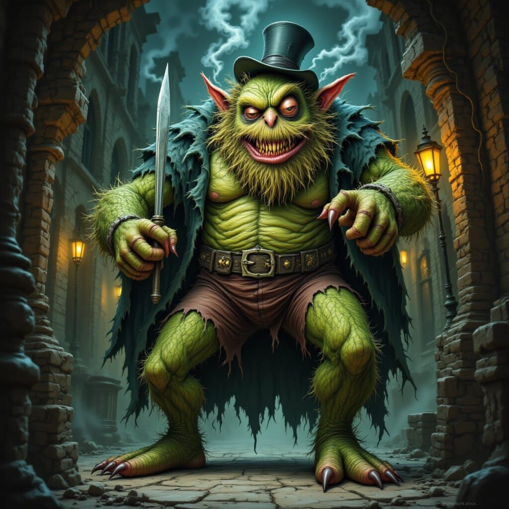 Ogre in Victorian Attire with Scalpel in Dungeon